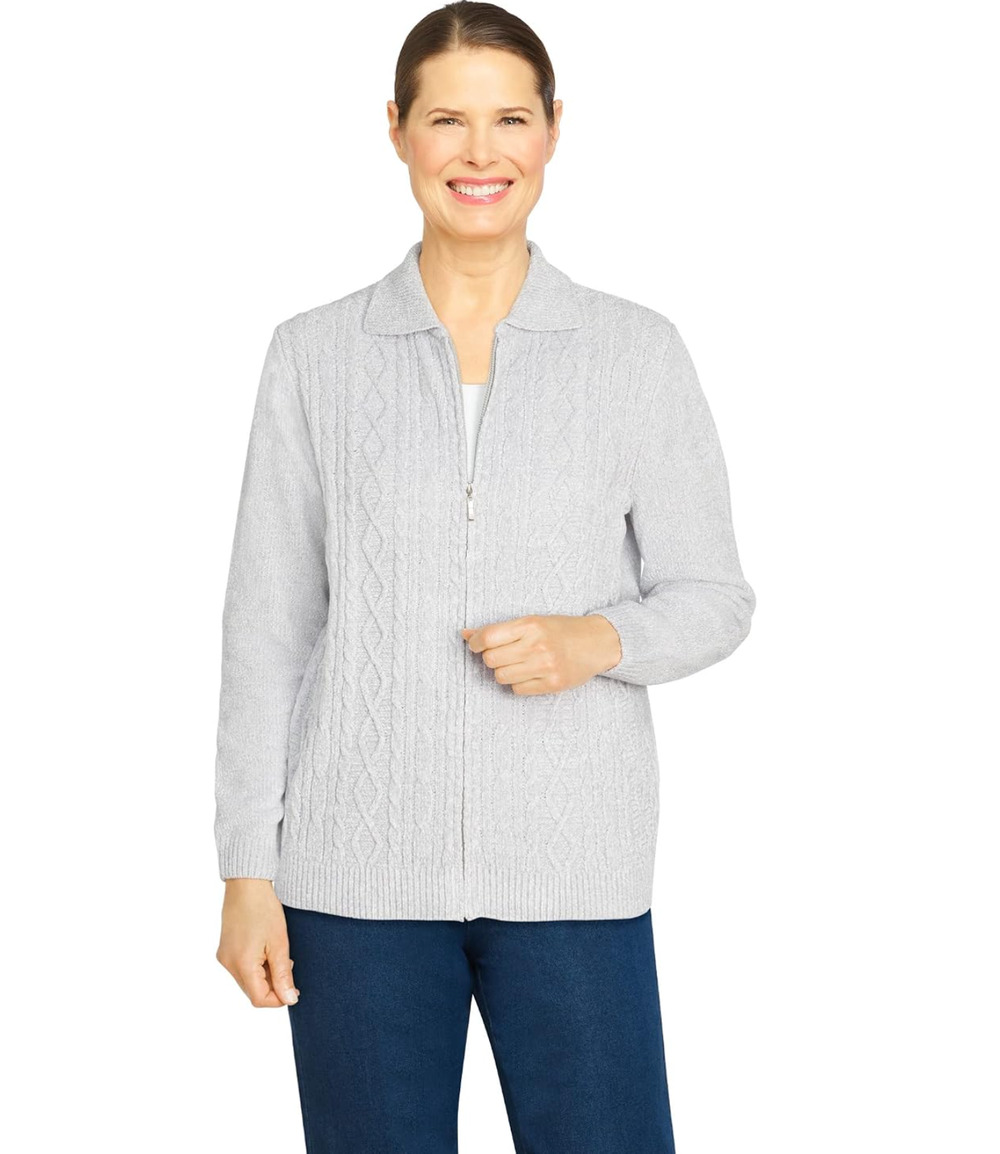 Alfred Dunner Chenille Cardigan Sweater Womens Medium Gray Full Zip Cable Knit